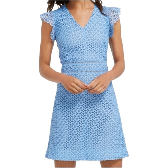 DRAPER JAMES Blue Lattice Eyelet A-Line Mini Dress Lace Flutter Sleeve 4 Small - Picture 1 of 7